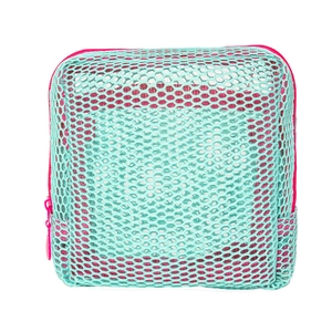 Portable light blue mesh beach bag with pink zipper and trim for toy storage