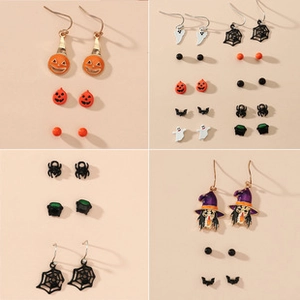 Detailed set of acrylic Halloween earrings featuring pumpkins, spiders, and ghosts motifs