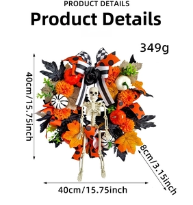 Detailed view of Halloween wreath with maple leaves and skeleton showing 40cm diameter size