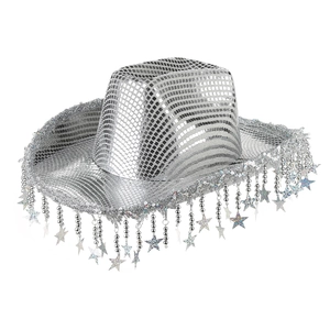 Shiny silver sequin Western cowboy hat featuring sparkling star tassels for parties