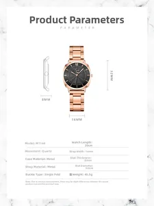 Detailed specs of rose gold quartz watch with 32mm sunburst dial and metal strap