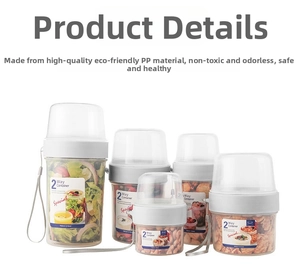 Detailed view of stackable double-layer food containers with grey lanyards and clear bodies