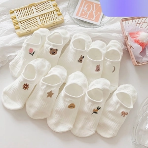 Women Cotton No Show Socks Anti Slip Thin Breathable Japanese Style Cartoon Embroidery Low Cut Invisible Hosiery