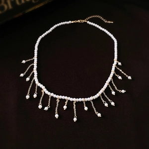 Artificial Pearl Tassel Choker Necklace Gold Plated Alloy Fringe Clavicle Chain Sweet Elegant For Women