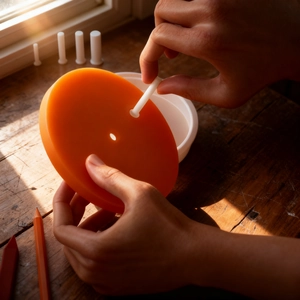 DIY silicone nail mold kit with orange round base and white pegs on a rustic wooden table