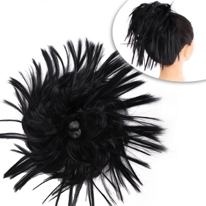 Detailed view of black messy hair bun scrunchie with model inset for styling example