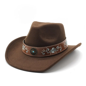 Dark brown wool felt cowboy hat with embroidered leather band and turquoise stone