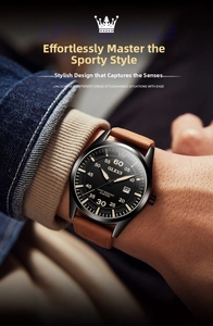 Close-up of OLEVS quartz watch featuring a black dial and brown leather strap on wrist