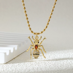 Minimalist Gold Stainless Steel Ant Pendant Necklace Red Rhinestone Inlaid Insect Figurine Bead Chain Choker Jewelry For Women