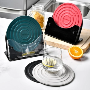 Round Silicone Coasters And Trivets Heat Resistant Non Slip Hot Pads With Acrylic Storage Holder For Kitchen Table