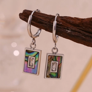 Silver rectangle earrings with natural abalone shell and zircon on a wooden branch