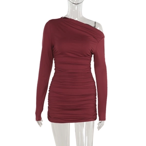 Detail of dark red off-shoulder long sleeve dress with ruched bodycon design