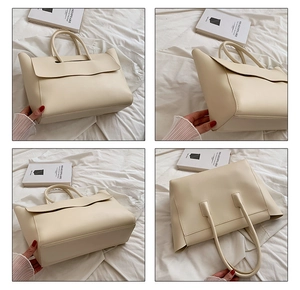 Detailed views of a minimalist cream tote bag showing the wavy flap and premium matte leather