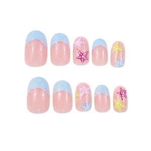 Short oval press-on nails with blue French tips and colorful starfish patterns for summer