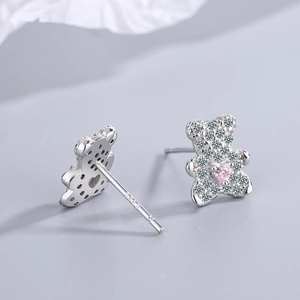 Cute S925 silver bear stud earrings with pink heart and white zircon stones