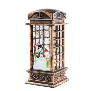 Vintage bronze Christmas lantern decoration with snowman illustration and festive LED lights