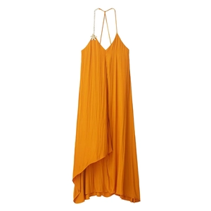 Robe Midi à Bretelles en Satin Élégante pour Femmes Avec Décoration de Chaîne en Or et Fleur Ourlet Asymétrique Dos Nu Robe de Fête d'Été