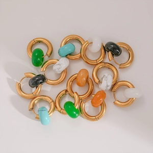 New Chinese Style Stainless Steel Gold Plated Hoop Earrings With Jade Like Stone Bead Peace Buckle Dangle Earrings For Women