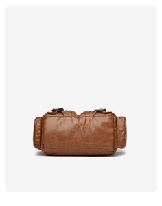 Close-up view of the vintage brown PU leather base with detailed stitching and metal buckles