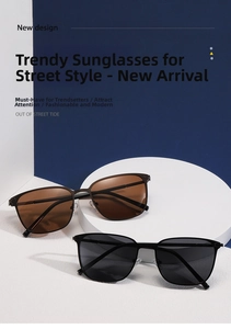 Detail view of polaroid polarized square metal sunglasses in black and tea brown lenses
