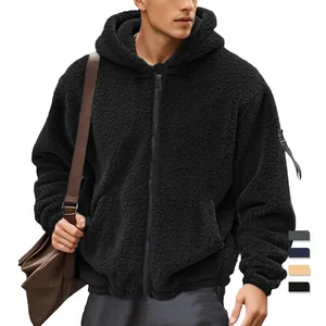 Men Zip Up Hoodie Sherpa Fleece Jacket Thick Warm Winter Outerwear Solid Color Casual Hooded Coat