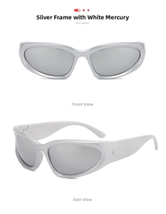 Detail of Y2K silver wraparound sunglasses with reflective mirrored lenses and sleek frame