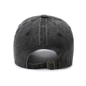 Vintage washed charcoal baseball cap with adjustable metal buckle on back view
