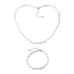 Polished stainless steel paperclip chain necklace and bracelet jewelry set on white background