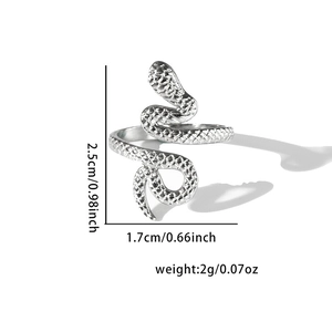 Detailed view of silver snake ring dimensions 2.5cm height and weight 2g on white background