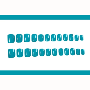 Glossy lake blue short square round press-on nails set with 24 pieces on white background