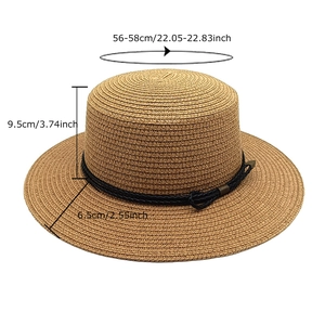 Wide brim straw sun hat with black ribbon and specific size dimensions displayed