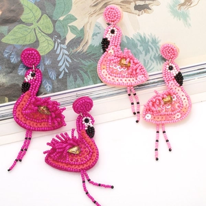 Bohemian handmade pink flamingo beaded earrings with sequins and crystal accents