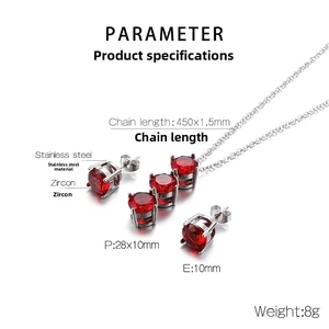 Dettagli dimensionali del set di gioielli con collana e orecchini in zircone rosso