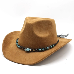 Western Cowboy Hat Faux Suede Felt Ethnic Tribal Style With Turquoise Beads Metal Decorative Band Retro Wide Brim For Men Women