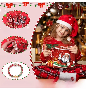Detail of Christmas advent calendar box with 24-day countdown and puzzle bracelet gifts