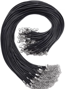 Close-up of black waxed necklace cord with silver lobster clasp and extension chain