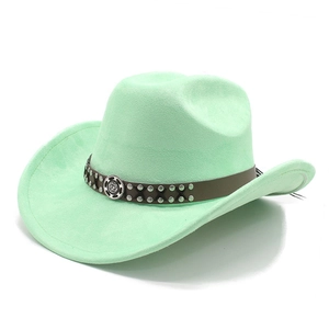 Detail of mint green suede cowboy hat with studded leather band and vintage metal buckle