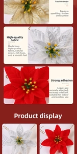 Detailed view of artificial poinsettia with glitter silk petals and delicate stamens