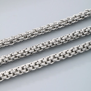 Three textures of silver titanium steel woven chains featuring various embossed link patterns