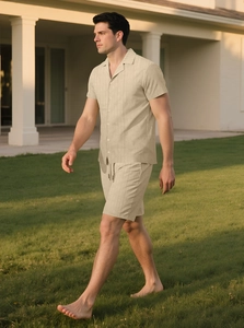 Men's summer casual set in beige featuring a button-down shirt and shorts with vertical texture