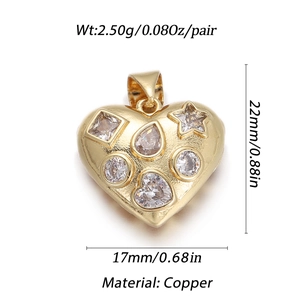 Detail view of heart pendant in 18K gold plated copper with cubic zirconia stones