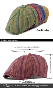 Vue détaillée de la casquette gavroche rayée en coton avec spécifications de taille réglable