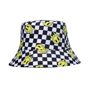 Checkered bucket hat with melting smiley face pattern for sun protection street style