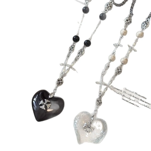 Gothic heart stone beaded necklace with vintage silver cross pendant for women