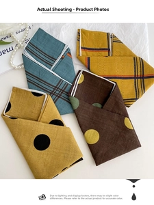 Detailed view of four cotton linen square scarves with varied polka dot and stripe patterns