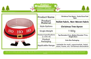 Detailed size chart of Christmas tree skirt with red sequins and Santa boots shape