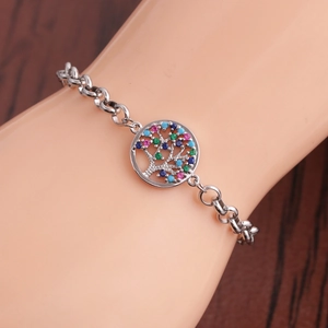 Silver tree of life bracelet with colorful zircon stones on mannequin wrist