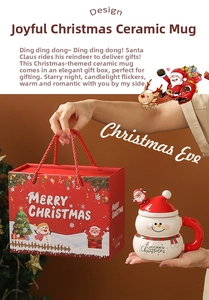 Ceramic snowman mug set with festive red lid and elegant gift box packaging