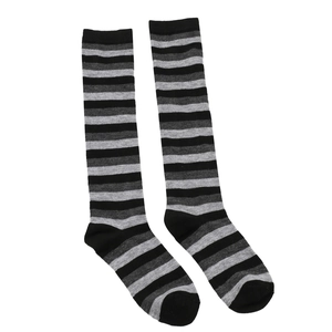 Close-up of high-quality black and grey striped over-the-knee socks on white background