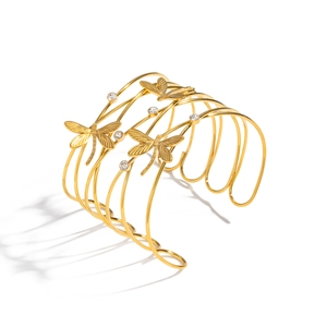 Elegant 18K gold plated cuff bracelet with layered lines and zircon dragonfly charms